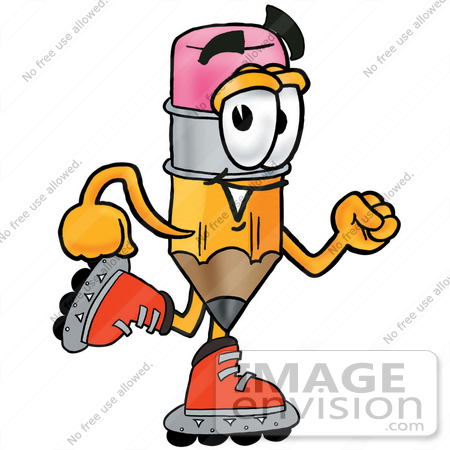 #25983 Clip Art Graphic of a Yellow Number 2 Pencil With an Eraser Cartoon Character Roller Blading on Inline Skates by toons4biz