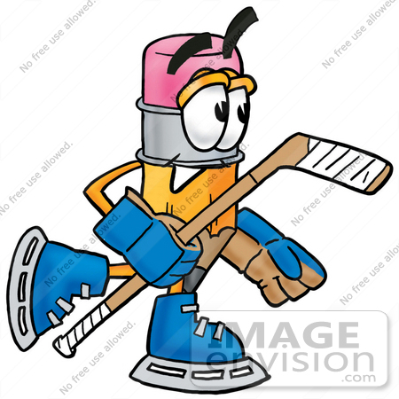 #25984 Clip Art Graphic of a Yellow Number 2 Pencil With an Eraser Cartoon Character Playing Ice Hockey by toons4biz