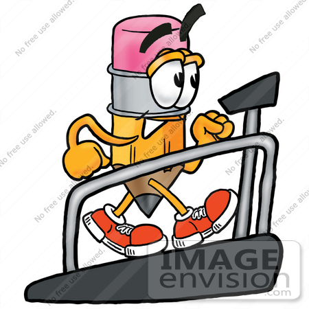 #25985 Clip Art Graphic of a Yellow Number 2 Pencil With an Eraser Cartoon Character Walking on a Treadmill in a Fitness Gym by toons4biz