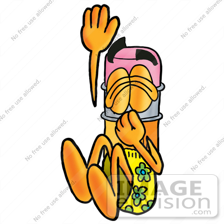 #25987 Clip Art Graphic of a Yellow Number 2 Pencil With an Eraser Cartoon Character Plugging His Nose While Jumping Into Water by toons4biz