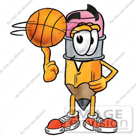 #25988 Clip Art Graphic of a Yellow Number 2 Pencil With an Eraser Cartoon Character Spinning a Basketball on His Finger by toons4biz
