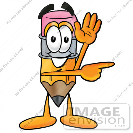 #25991 Clip Art Graphic of a Yellow Number 2 Pencil With an Eraser Cartoon Character Waving and Pointing by toons4biz