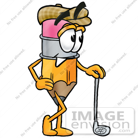 #25992 Clip Art Graphic of a Yellow Number 2 Pencil With an Eraser Cartoon Character Leaning on a Golf Club While Golfing by toons4biz