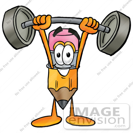 #25993 Clip Art Graphic of a Yellow Number 2 Pencil With an Eraser Cartoon Character Holding a Heavy Barbell Above His Head by toons4biz
