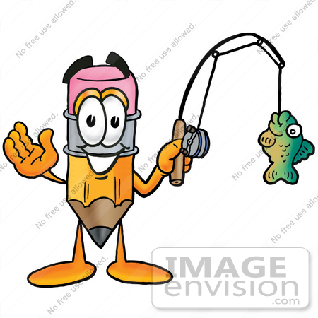 #25998 Clip Art Graphic of a Yellow Number 2 Pencil With an Eraser Cartoon Character Holding a Fish on a Fishing Pole by toons4biz