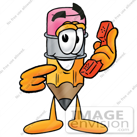 #26002 Clip Art Graphic of a Yellow Number 2 Pencil With an Eraser Cartoon Character Holding a Telephone by toons4biz