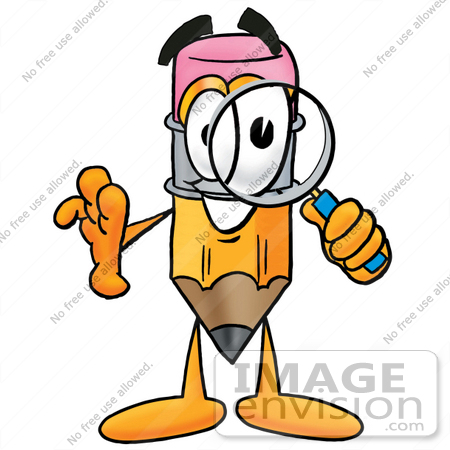 #26003 Clip Art Graphic of a Yellow Number 2 Pencil With an Eraser Cartoon Character Looking Through a Magnifying Glass by toons4biz