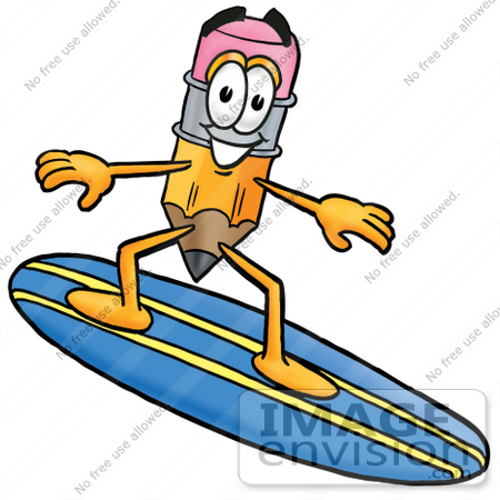 #26004 Clip Art Graphic of a Yellow Number 2 Pencil With an Eraser Cartoon Character Surfing on a Blue and Yellow Surfboard by toons4biz