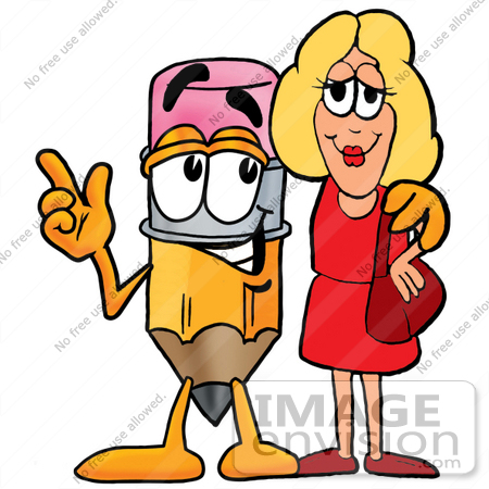 #26005 Clip Art Graphic of a Yellow Number 2 Pencil With an Eraser Cartoon Character Talking to a Pretty Blond Woman by toons4biz