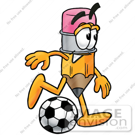 #26006 Clip Art Graphic of a Yellow Number 2 Pencil With an Eraser Cartoon Character Kicking a Soccer Ball by toons4biz