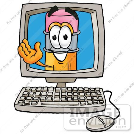 #26007 Clip Art Graphic of a Yellow Number 2 Pencil With an Eraser Cartoon Character Waving From Inside a Computer Screen by toons4biz
