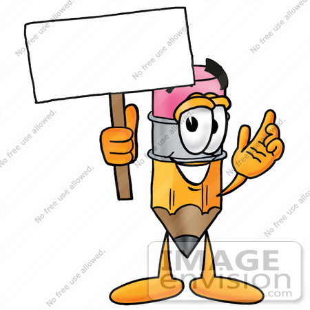 #26008 Clip Art Graphic of a Yellow Number 2 Pencil With an Eraser Cartoon Character Holding a Blank Sign by toons4biz
