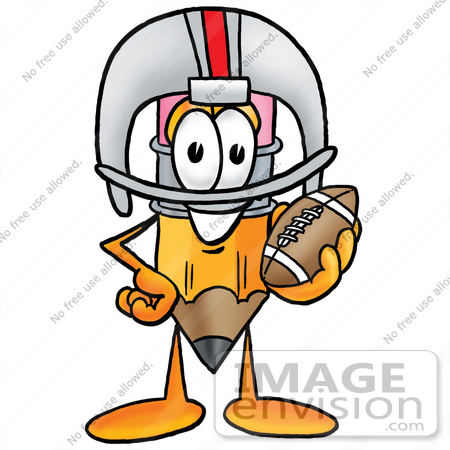 #26010 Clip Art Graphic of a Yellow Number 2 Pencil With an Eraser Cartoon Character in a Helmet, Holding a Football by toons4biz