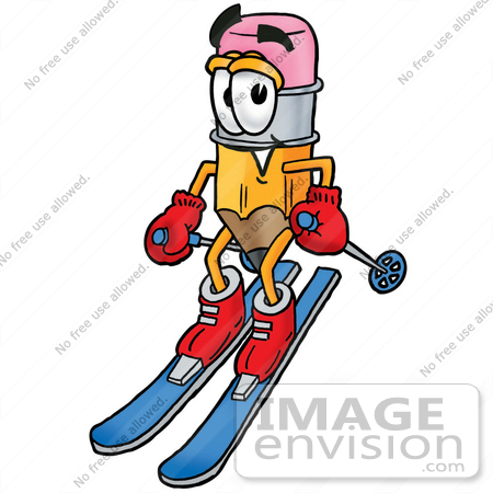#26011 Clip Art Graphic of a Yellow Number 2 Pencil With an Eraser Cartoon Character Skiing Downhill by toons4biz