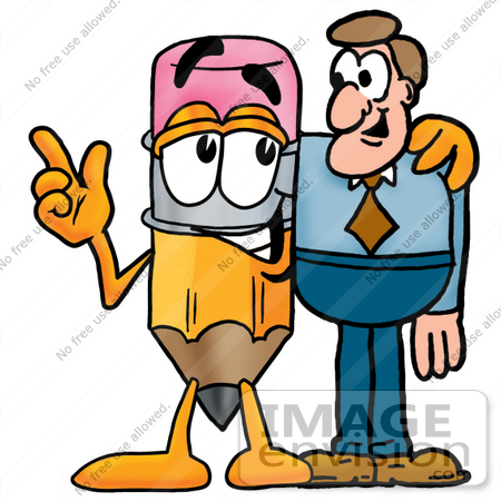 #26012 Clip Art Graphic of a Yellow Number 2 Pencil With an Eraser Cartoon Character Talking to a Business Man by toons4biz