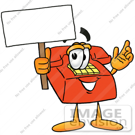 #26014 Clip Art Graphic of a Red Landline Telephone Cartoon Character Holding a Blank Sign by toons4biz