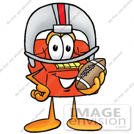 #26015 Clip Art Graphic of a Red Landline Telephone Cartoon Character in a Helmet, Holding a Football by toons4biz