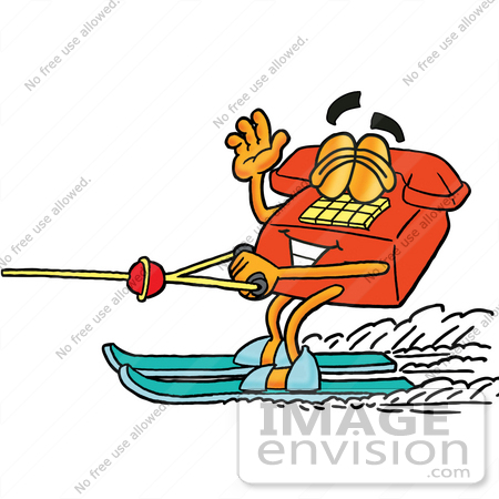 #26016 Clip Art Graphic of a Red Landline Telephone Cartoon Character Waving While Water Skiing by toons4biz