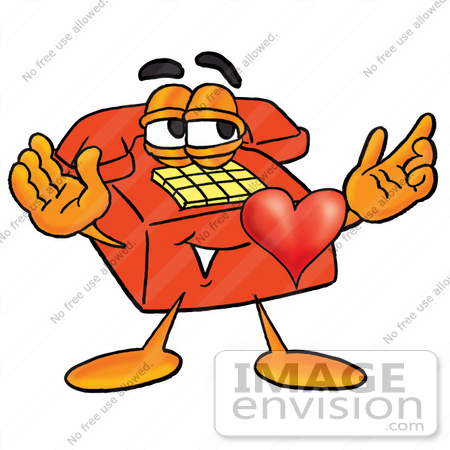 #26017 Clip Art Graphic of a Red Landline Telephone Cartoon Character With His Heart Beating Out of His Chest by toons4biz