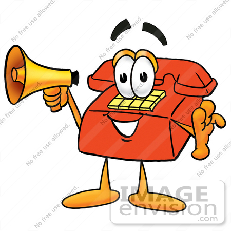 #26018 Clip Art Graphic of a Red Landline Telephone Cartoon Character Holding a Megaphone by toons4biz