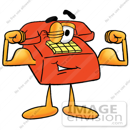 #26019 Clip Art Graphic of a Red Landline Telephone Cartoon Character Flexing His Arm Muscles by toons4biz
