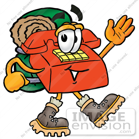 #26021 Clip Art Graphic of a Red Landline Telephone Cartoon Character Hiking and Carrying a Backpack by toons4biz