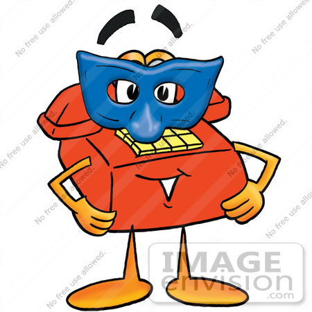 #26024 Clip Art Graphic of a Red Landline Telephone Cartoon Character Wearing a Blue Mask Over His Face by toons4biz