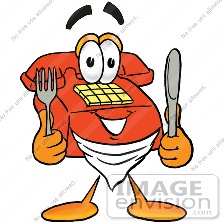#26027 Clip Art Graphic of a Red Landline Telephone Cartoon Character Holding a Knife and Fork by toons4biz
