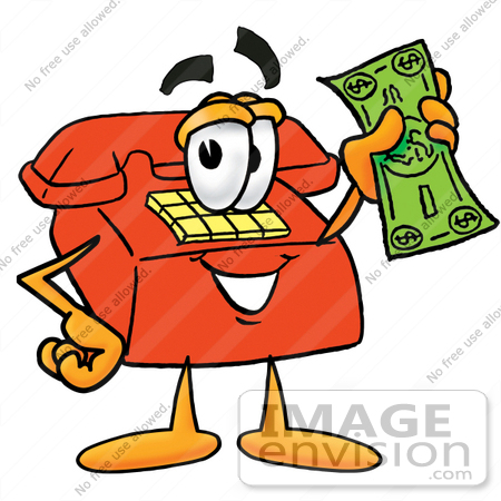 #26031 Clip Art Graphic of a Red Landline Telephone Cartoon Character Holding a Dollar Bill by toons4biz