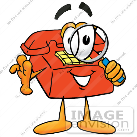 #26032 Clip Art Graphic of a Red Landline Telephone Cartoon Character Looking Through a Magnifying Glass by toons4biz