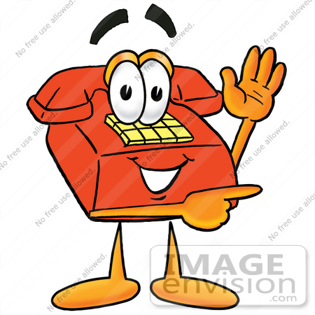 #26033 Clip Art Graphic of a Red Landline Telephone Cartoon Character Waving and Pointing by toons4biz