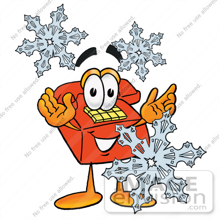 #26034 Clip Art Graphic of a Red Landline Telephone Cartoon Character With Three Snowflakes in Winter by toons4biz