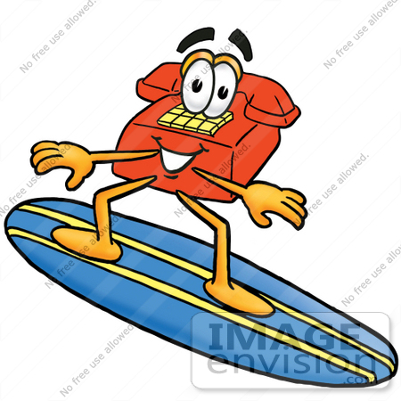 #26035 Clip Art Graphic of a Red Landline Telephone Cartoon Character Surfing on a Blue and Yellow Surfboard by toons4biz