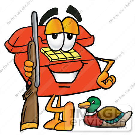 #26037 Clip Art Graphic of a Red Landline Telephone Cartoon Character Duck Hunting, Standing With a Rifle and Duck by toons4biz