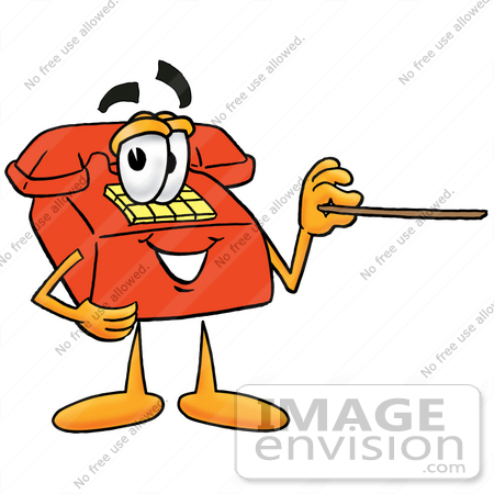 #26038 Clip Art Graphic of a Red Landline Telephone Cartoon Character Holding a Pointer Stick by toons4biz