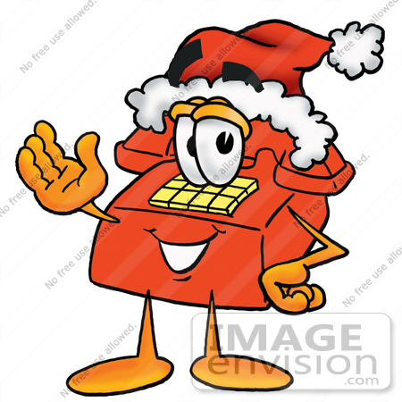 #26039 Clip Art Graphic of a Red Landline Telephone Cartoon Character Wearing a Santa Hat and Waving by toons4biz