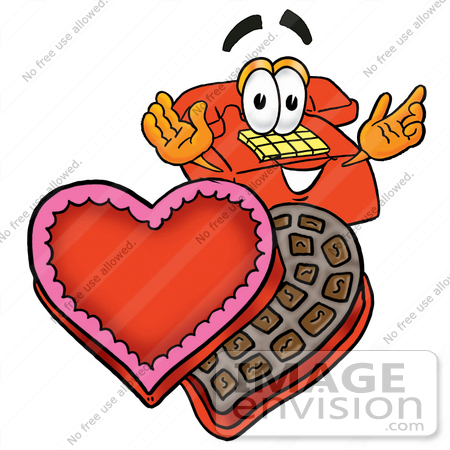 #26040 Clip Art Graphic of a Red Landline Telephone Cartoon Character With an Open Box of Valentines Day Chocolate Candies by toons4biz