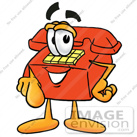 #26041 Clip Art Graphic of a Red Landline Telephone Cartoon Character Pointing at the Viewer by toons4biz