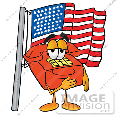 #26042 Clip Art Graphic of a Red Landline Telephone Cartoon Character Pledging Allegiance to an American Flag by toons4biz