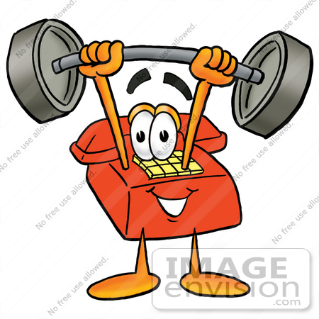 #26043 Clip Art Graphic of a Red Landline Telephone Cartoon Character Holding a Heavy Barbell Above His Head by toons4biz