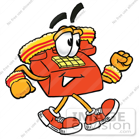 #26044 Clip Art Graphic of a Red Landline Telephone Cartoon Character Speed Walking or Jogging by toons4biz