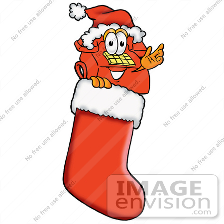 #26045 Clip Art Graphic of a Red Landline Telephone Cartoon Character Wearing a Santa Hat Inside a Red Christmas Stocking by toons4biz