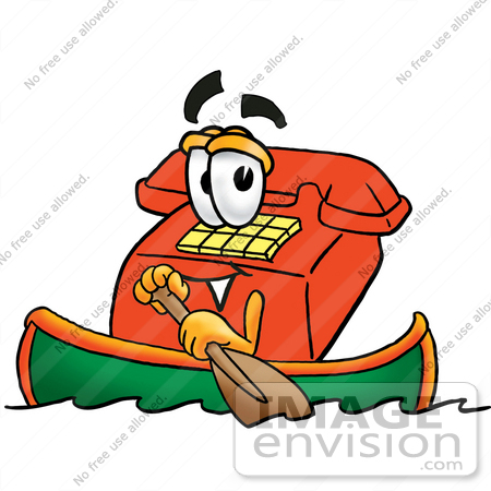 #26048 Clip Art Graphic of a Red Landline Telephone Cartoon Character Rowing a Boat by toons4biz