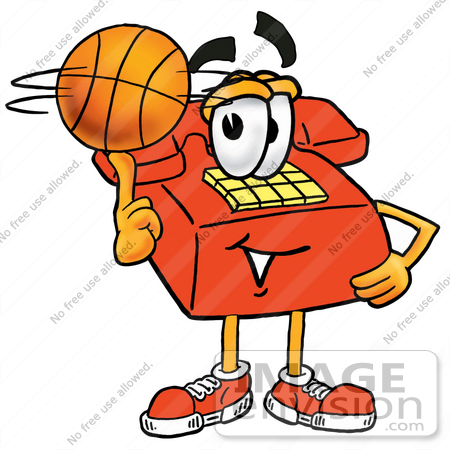 #26049 Clip Art Graphic of a Red Landline Telephone Cartoon Character Spinning a Basketball on His Finger by toons4biz