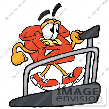 #26050 Clip Art Graphic of a Red Landline Telephone Cartoon Character Walking on a Treadmill in a Fitness Gym by toons4biz