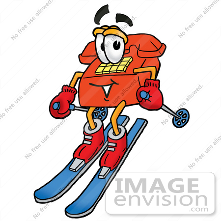 #26052 Clip Art Graphic of a Red Landline Telephone Cartoon Character Skiing Downhill by toons4biz
