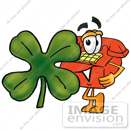 #26054 Clip Art Graphic of a Red Landline Telephone Cartoon Character With a Green Four Leaf Clover on St Paddy’s or St Patricks Day by toons4biz