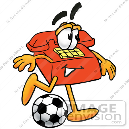 #26055 Clip Art Graphic of a Red Landline Telephone Cartoon Character Kicking a Soccer Ball by toons4biz