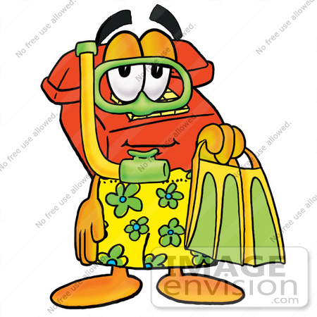#26056 Clip Art Graphic of a Red Landline Telephone Cartoon Character in Green and Yellow Snorkel Gear by toons4biz