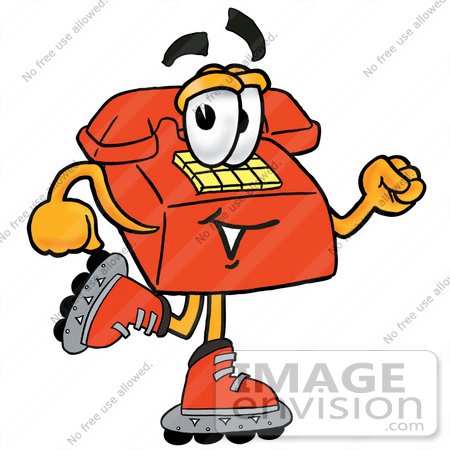 #26058 Clip Art Graphic of a Red Landline Telephone Cartoon Character Roller Blading on Inline Skates by toons4biz